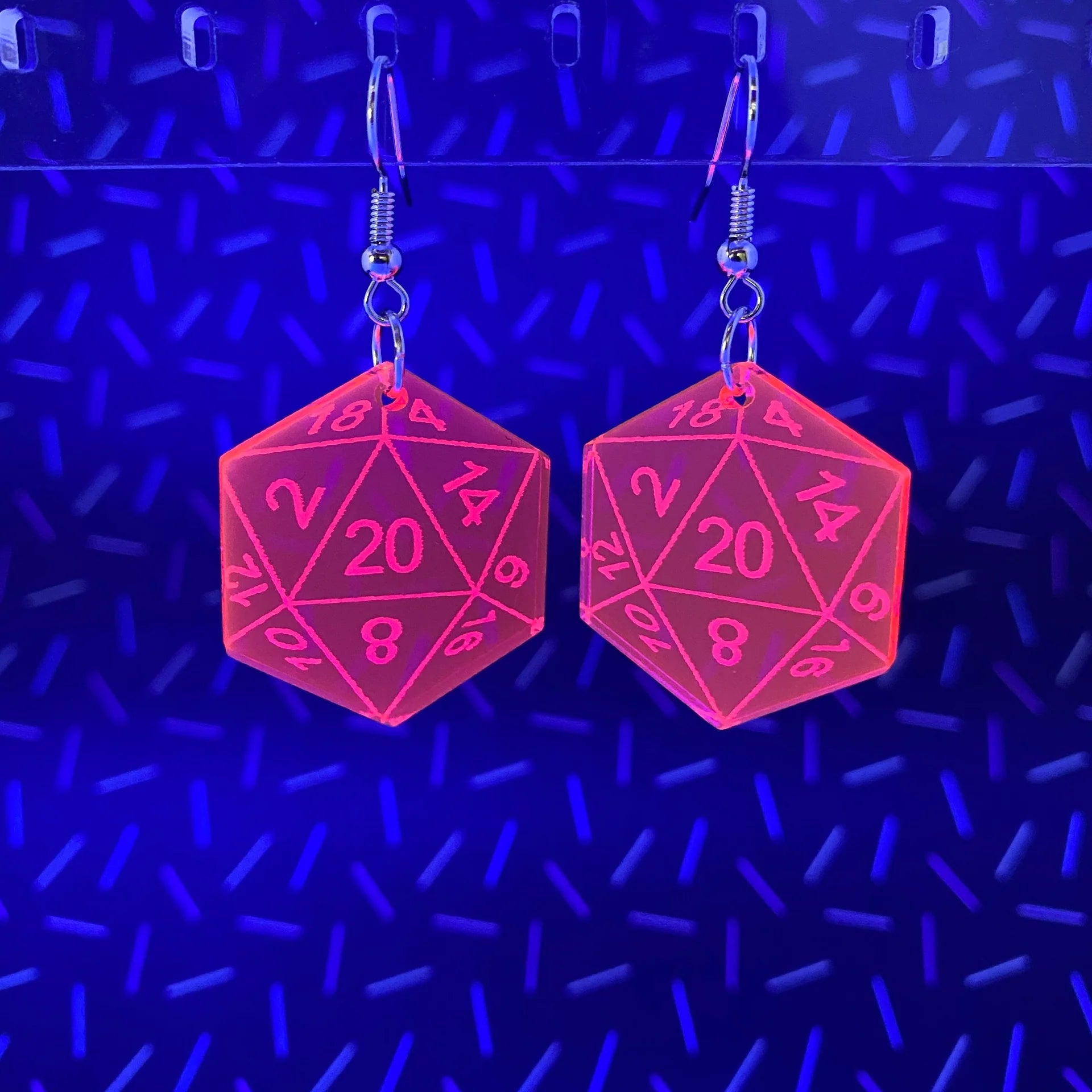 D20 Dice Dangle Earrings - Fluorescent Pink