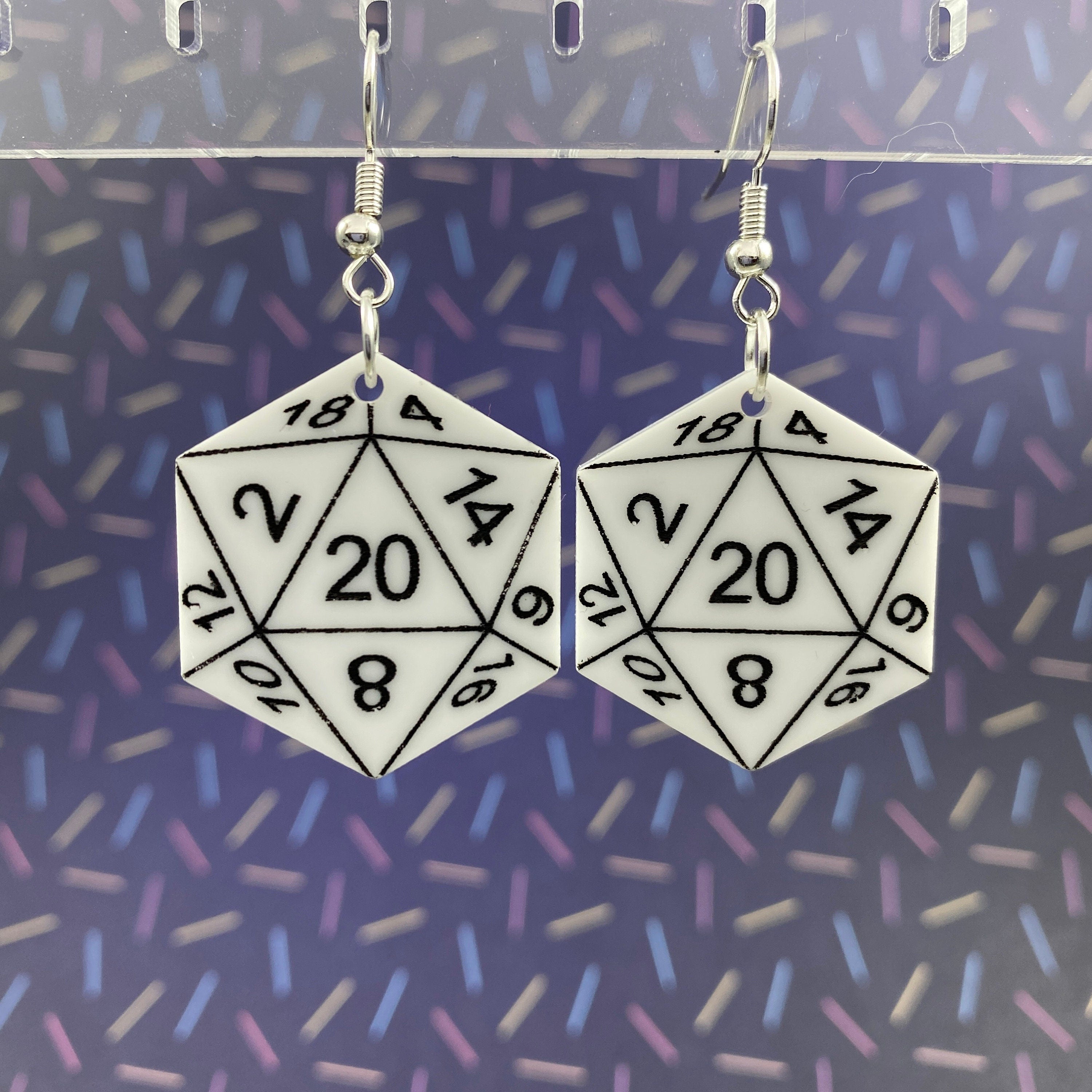 D20 Dice Dangle Earrings - White