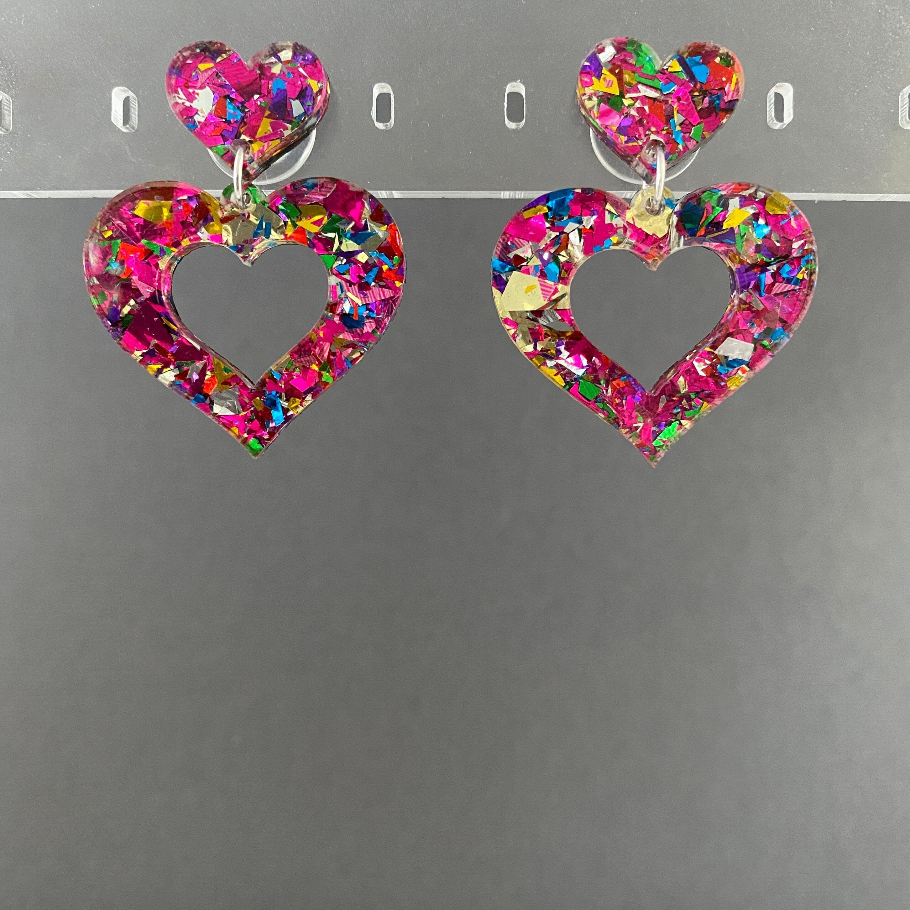 Heart Dangle Earrings - Confetti Glitter