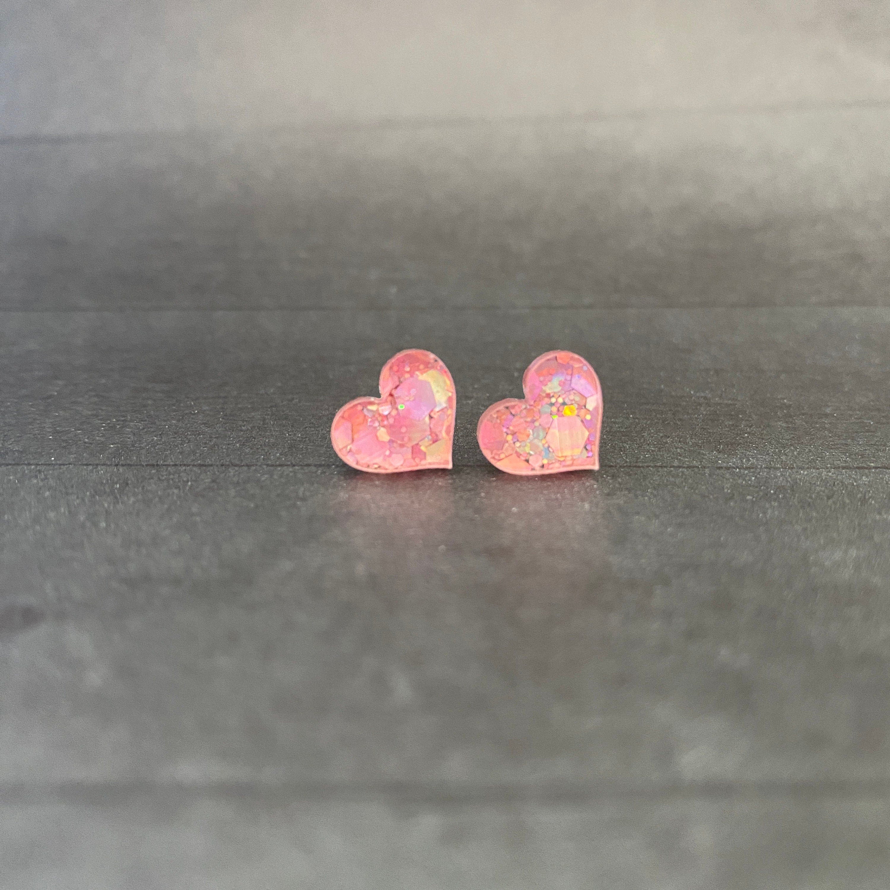 Glitter Heart Stud Earrings - Pink Dazzle