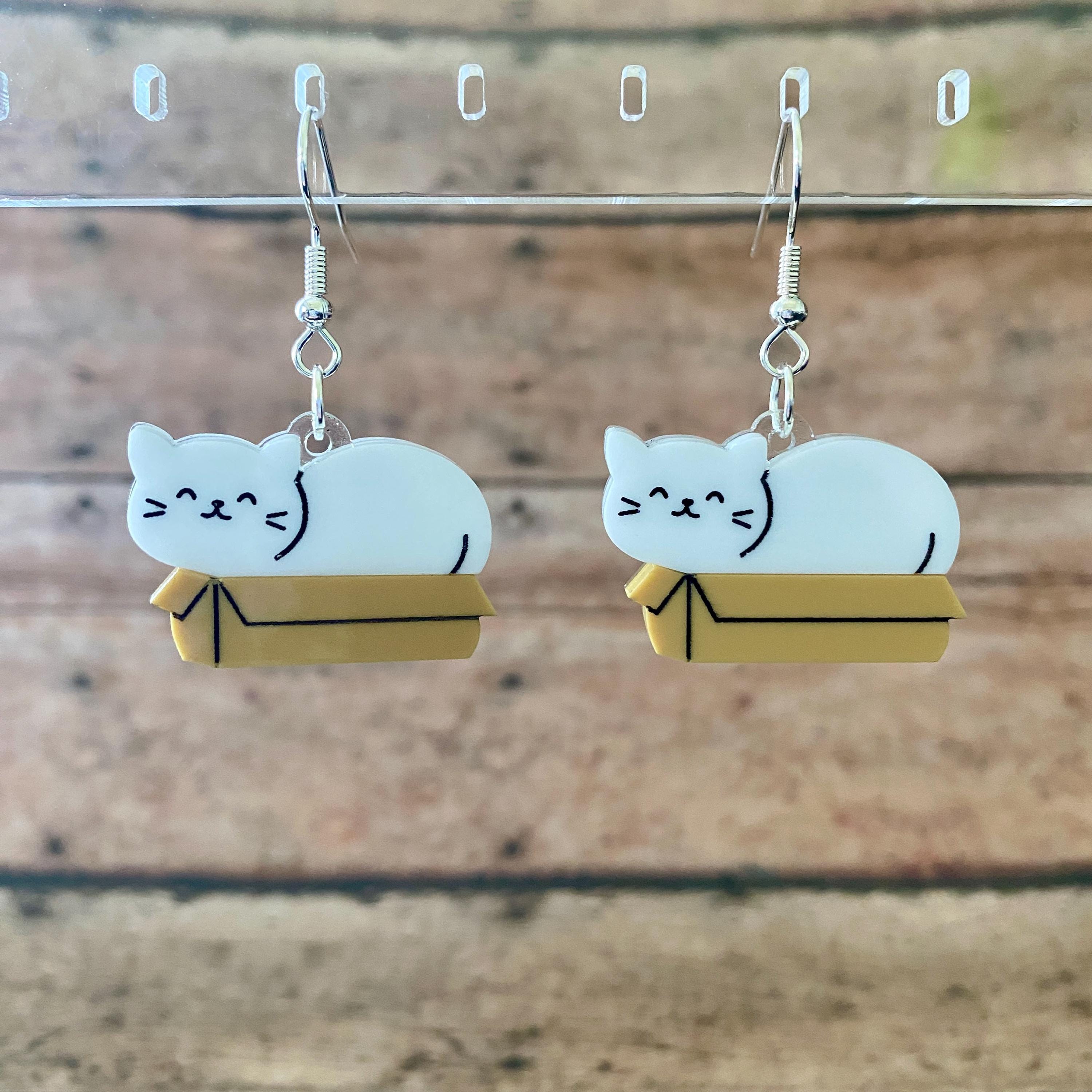 Cat in a Box Dangle Earrings - White