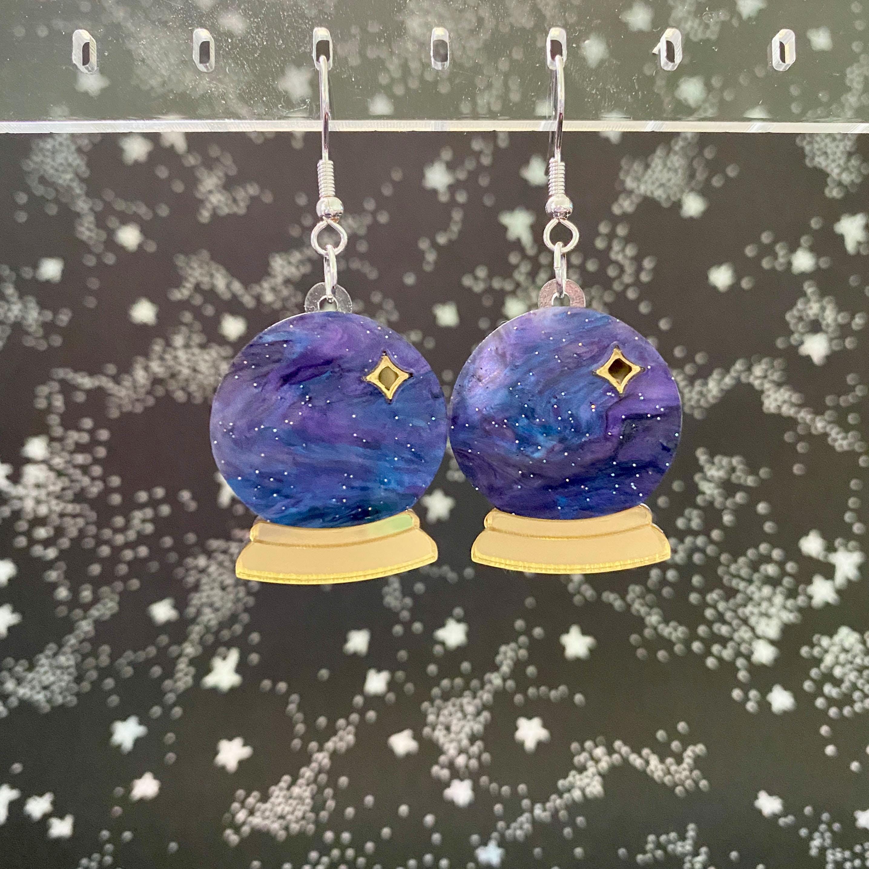 Crystal Ball Dangle Earrings - Purple
