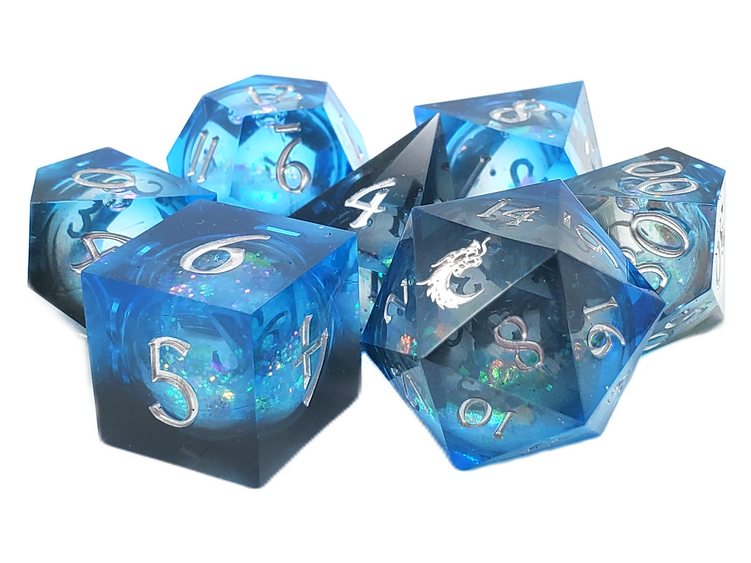 Old School 7-Piece Sharp Edged Dice Set: Liquid Infused - Midnight Fury