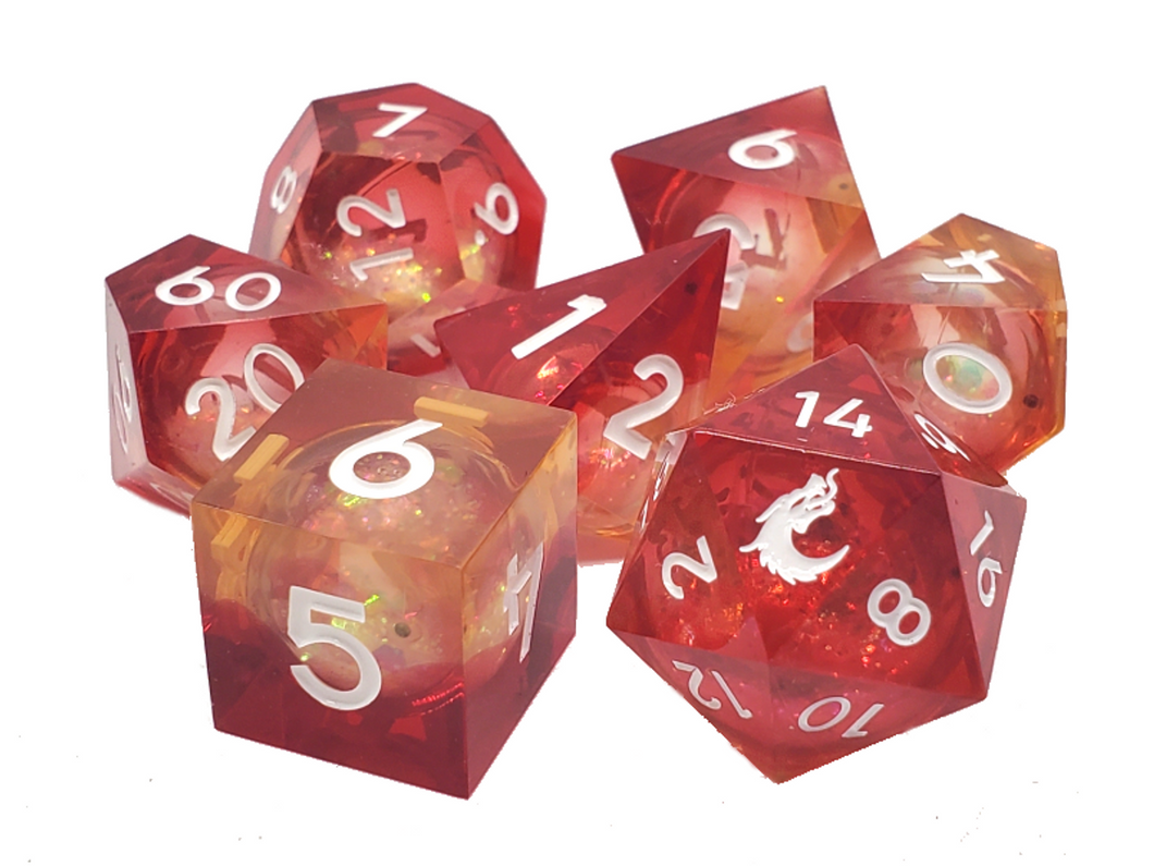 Old School 7-Piece Sharp Edged Dice Set: Liquid Infused - Sunrise Fury