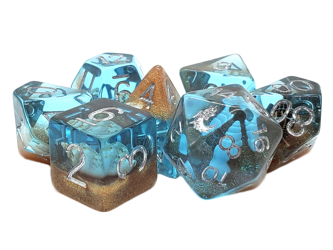 Old School 7 Piece DnD RPG Dice Set: Infused - Beach Party - Sunken Treasure