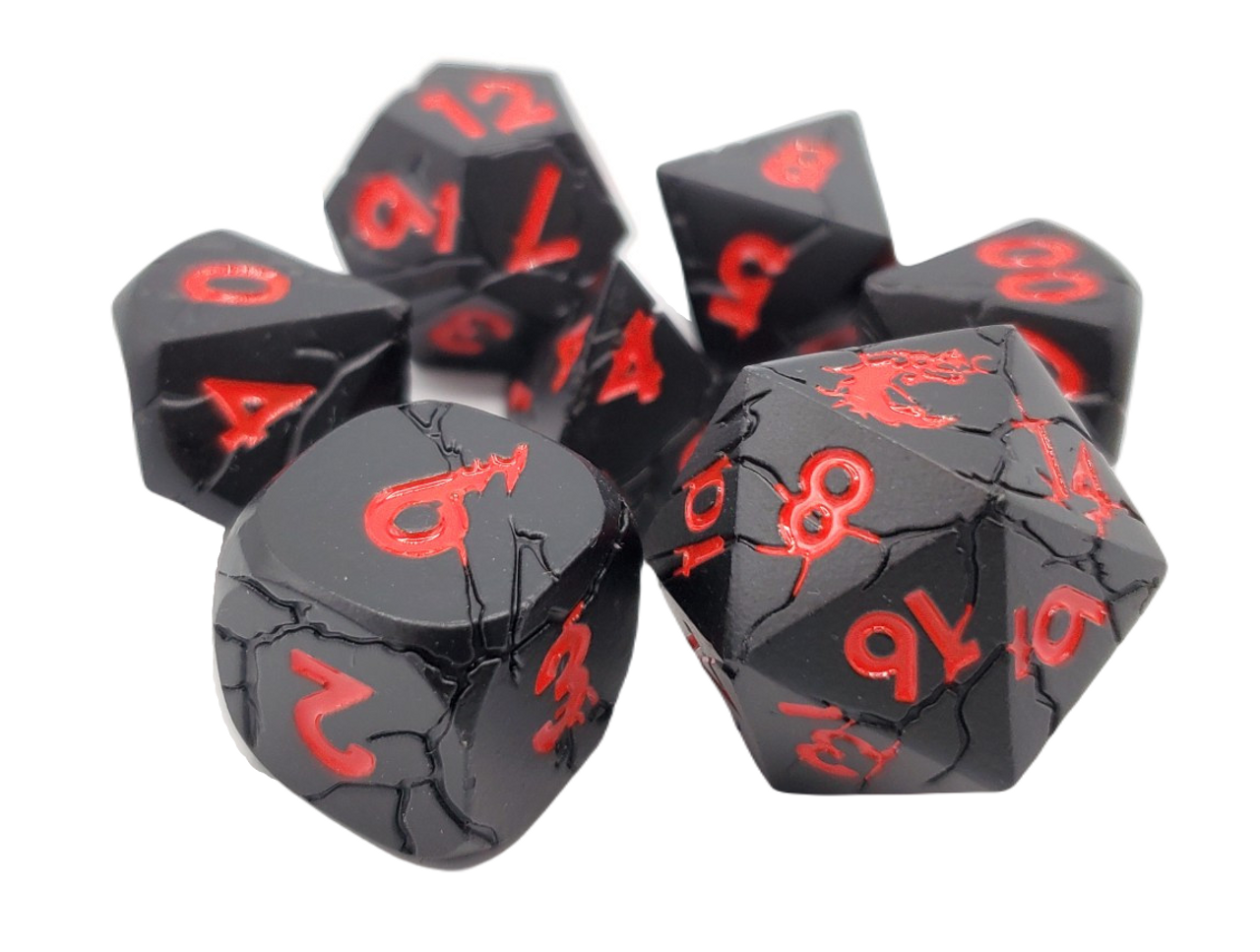 Old School 7 Piece DnD RPG Metal Dice Set: Orc Forged - Matte Black w/ Red