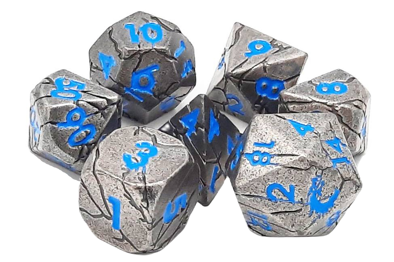 Old School 7 Piece DnD RPG Metal Dice Set: Orc Forged - Ancient Silver w/ Blue