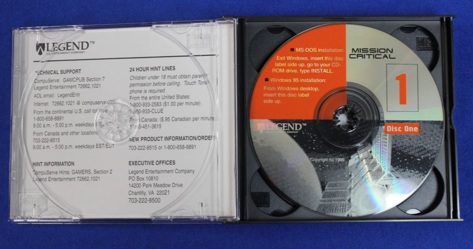 Legend Entertainment 1995 Mission Critical Complete 3 Disc + Floppy Patch