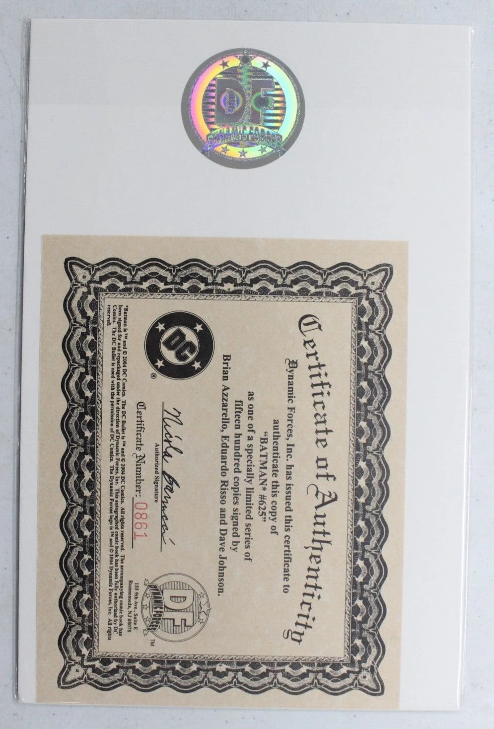 Batman #625 Dynamic Forces SIGNED x3 Azarello Risso & Johnson #861/1500