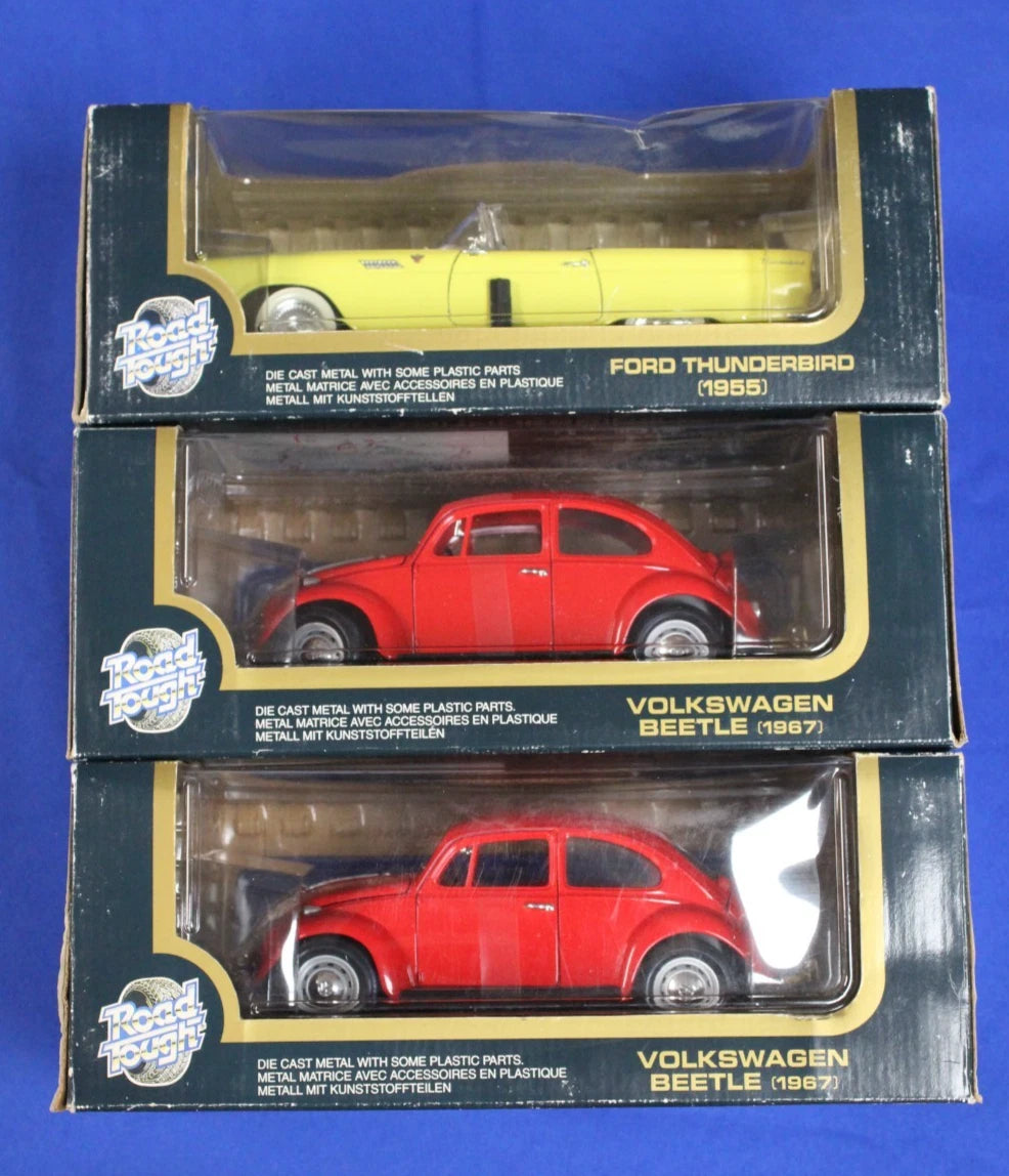 Road Tough 1967 Volkswagen Beetle & 1955 Ford Thunderbird 1:18 Vehicle Lot of 3