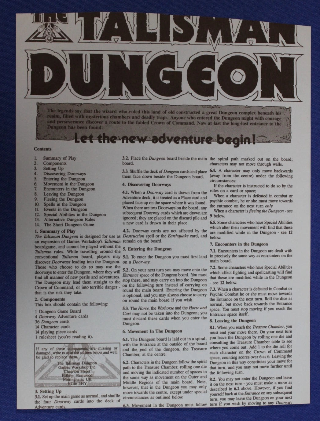 Games Workshop 1987 Talisman Dungeon Board Game Complete Expansion No Box