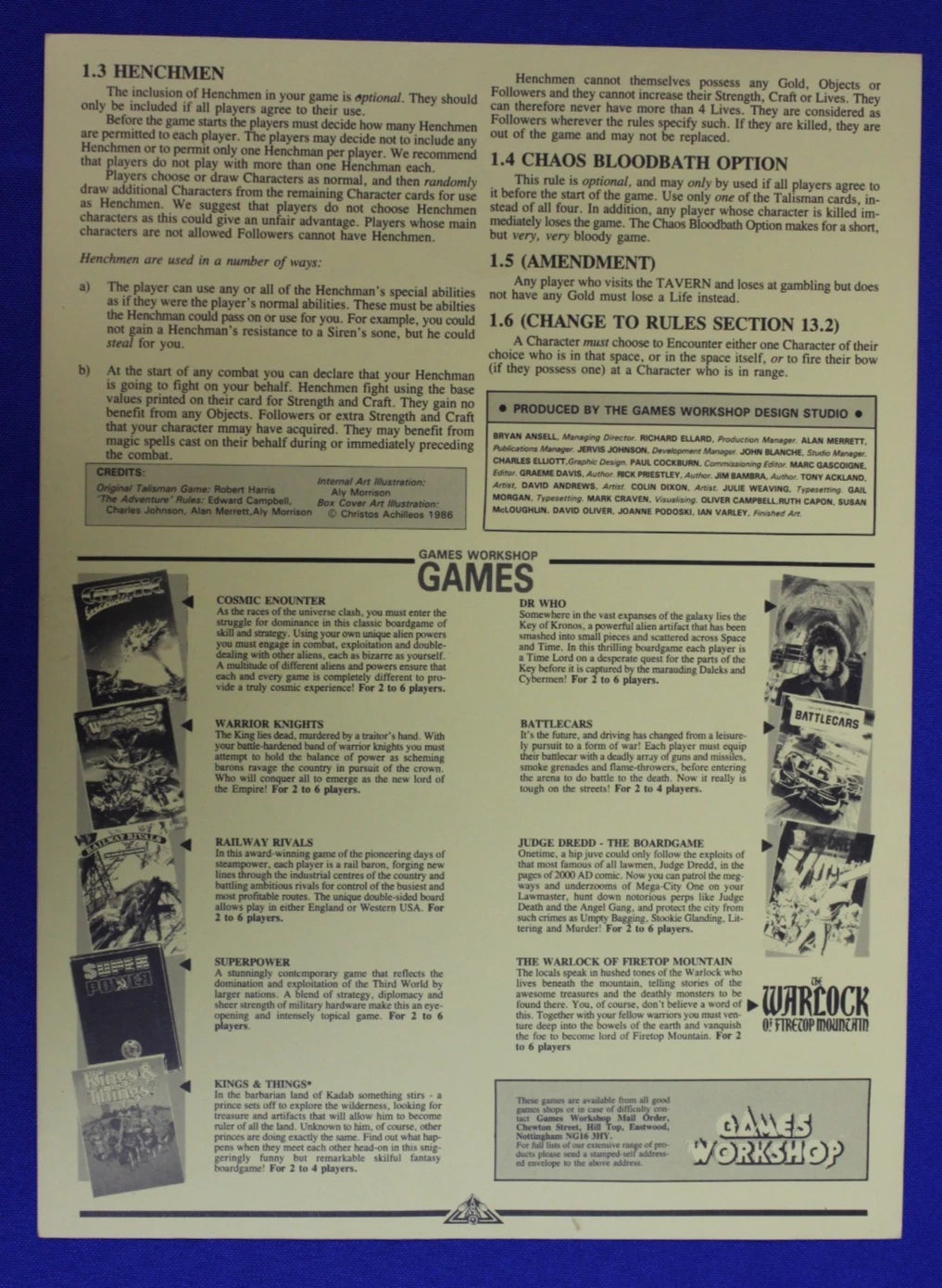 Games Workshop 1986 Talisman The Adventure Board Game Expansion No Box Complete