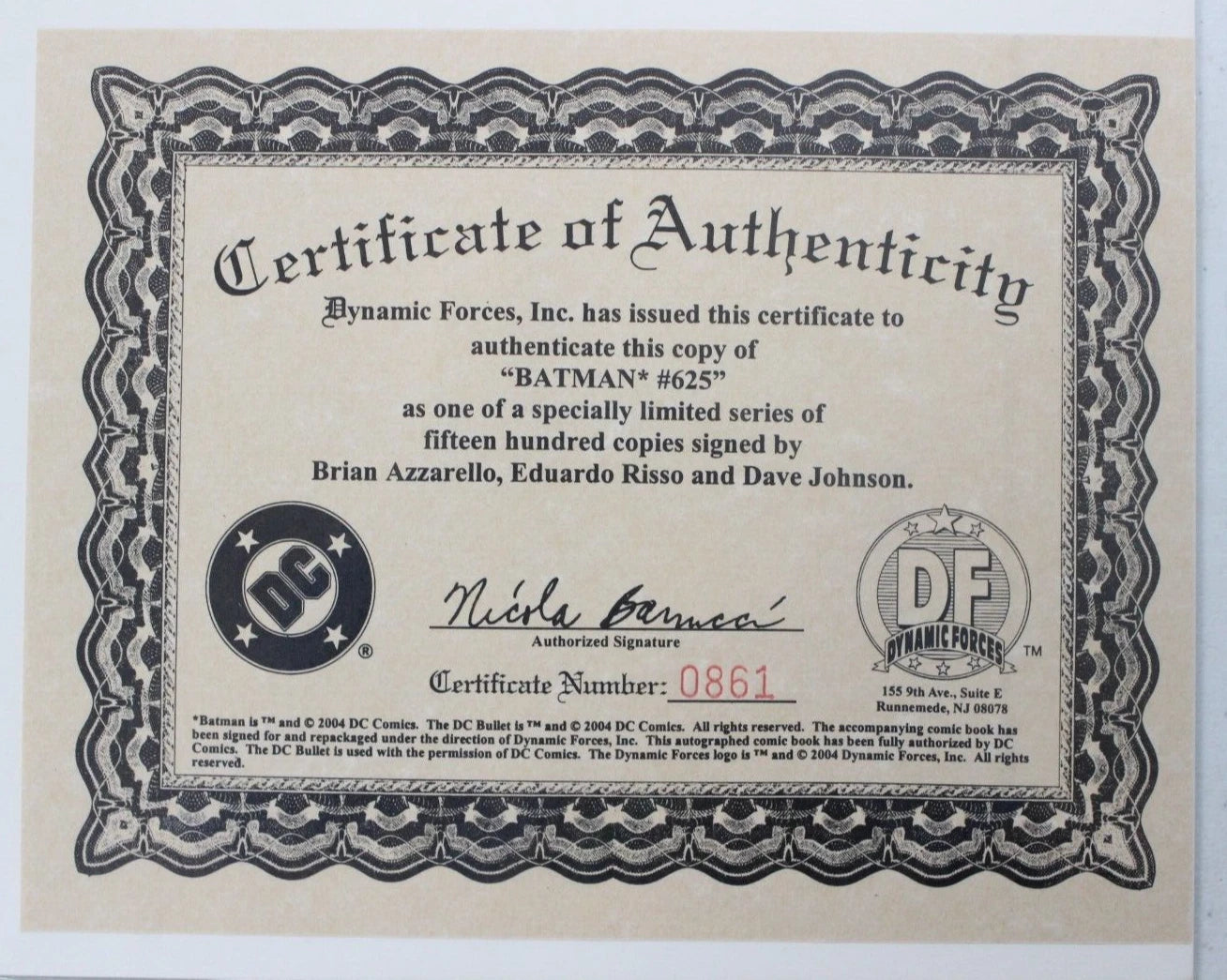 Batman #625 Dynamic Forces SIGNED x3 Azarello Risso & Johnson #861/1500