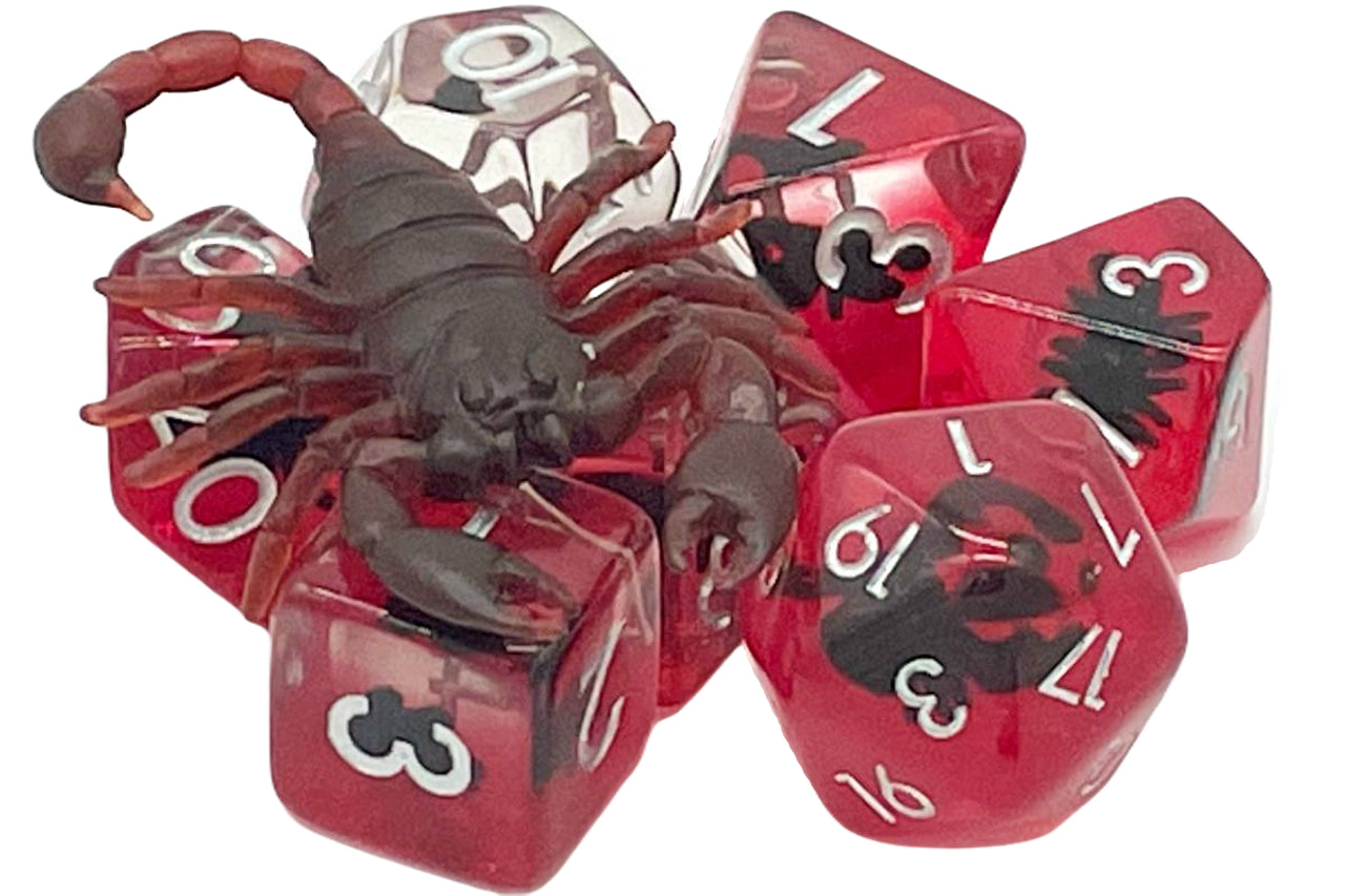 Old School 7 Piece DnD RPG Dice Set: Animal Kingdom - Scorpion - Black w/ Red