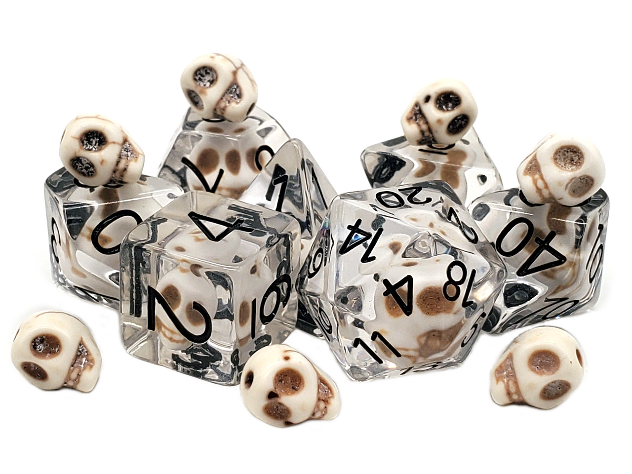 Old School 7 Piece DnD RPG Dice Set: Infused - Skull w/ White