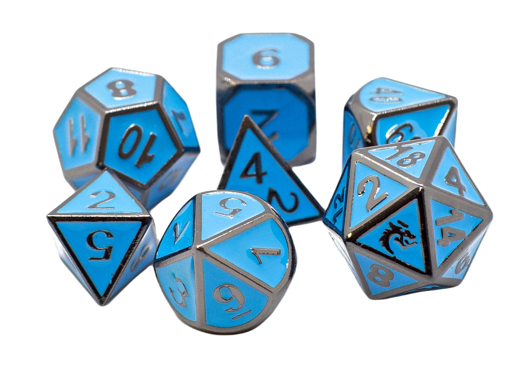 Old School 7 Piece DnD RPG Metal Dice Set: Elven Forged - Teal w/ Black Nickel