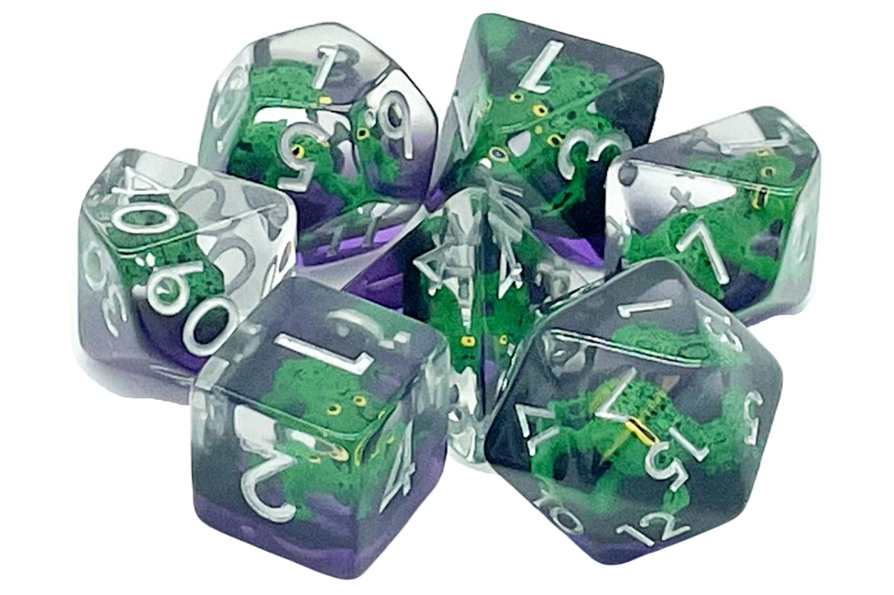 Old School 7 Piece DnD RPG Dice Set: Animal Kingdom - Toad - Green w/ Purple