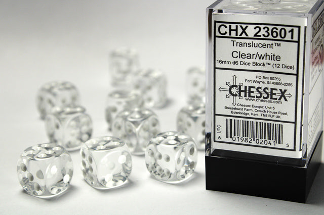 Translucent 16mm d6 Clear/white Dice Block™ (12 dice)