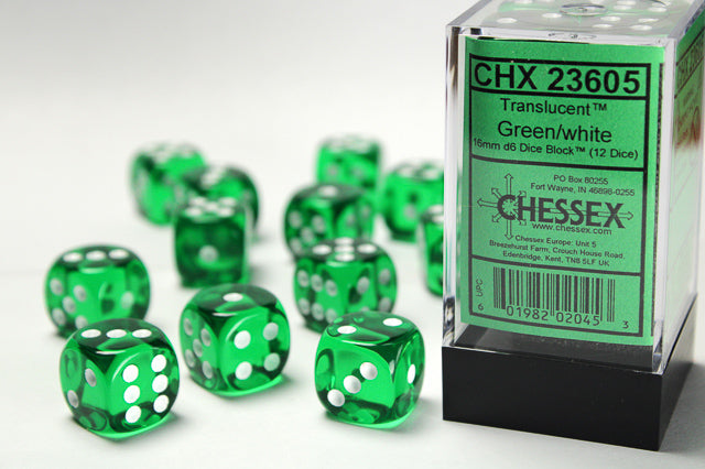 Translucent 16mm d6 Green/white Dice Block™ (12 dice)