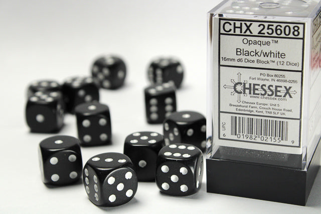 Opaque 16mm d6 Black/white Dice Block™ (12 dice)