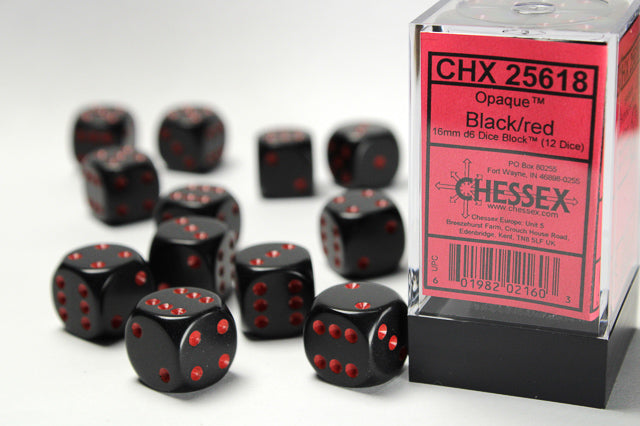 Opaque 16mm d6 Black/red Dice Block™ (12 dice)