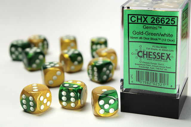 Gemini® 16mm d6 Gold-Green/white Dice Block™ (12 dice)