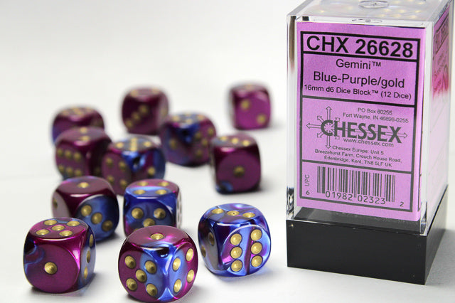 Gemini® 16mm d6 Blue-Purple/gold Dice Block™ (12 dice)