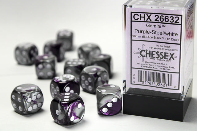 Gemini® 16mm d6 Purple-Steel/white Dice Block™ (12 dice)