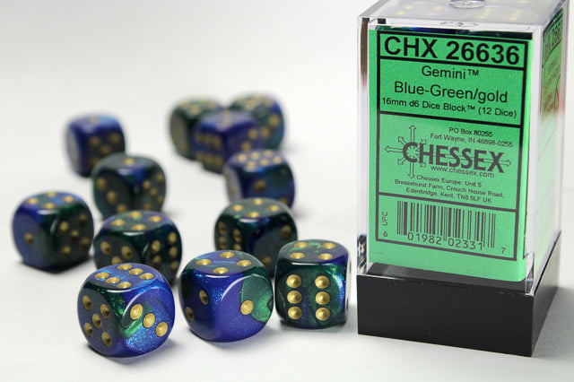 Gemini® 16mm d6 Blue-Green/gold Dice Block™ (12 dice)