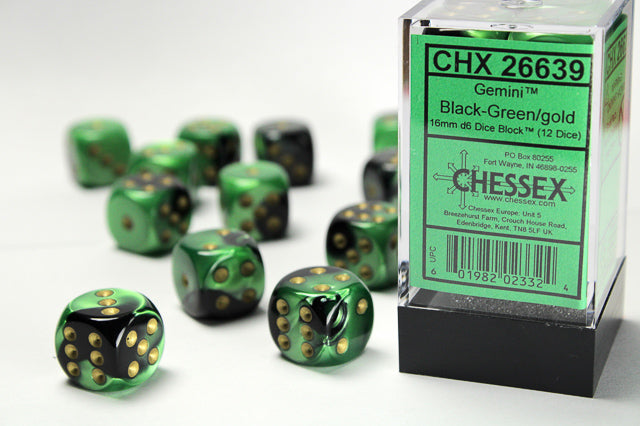 Gemini® 16mm d6 Black-Green/gold Dice Block™ (12 dice)