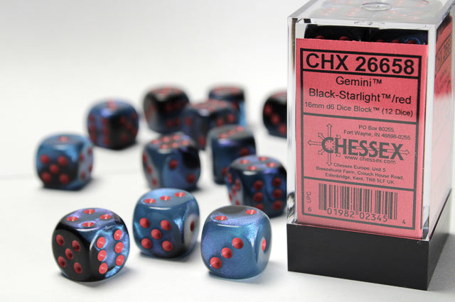 Gemini® 16mm d6 Black-Starlight/red Dice Block™ (12 dice)