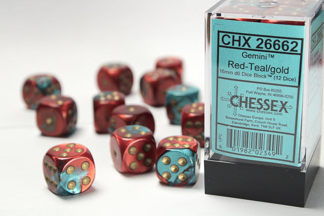 Gemini® 16mm d6 Red-Teal/gold Dice Block™ (12 dice)