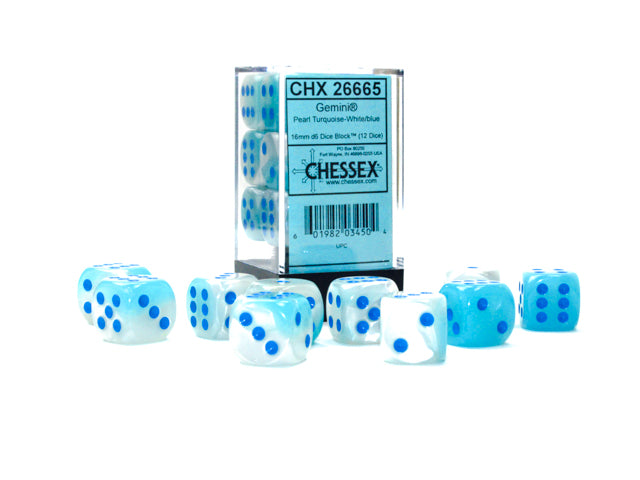 Gemini® 16mm d6 Pearl Turquoise-White/blue Luminary™ Dice Block™ (12 dice)