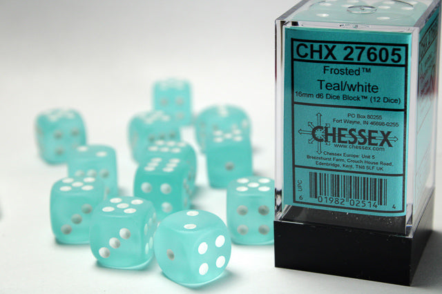 Frosted™ 16mm d6 Teal/white Dice Block™ (12 dice)