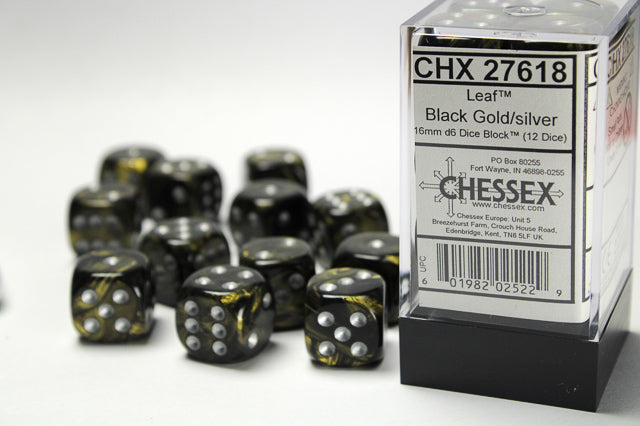 Leaf™ 16mm d6 Black Gold/silver Dice Block™ (12 dice)