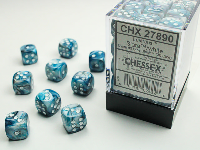 Chessex (27890): D6: 12mm: Lustrous: Slate/White