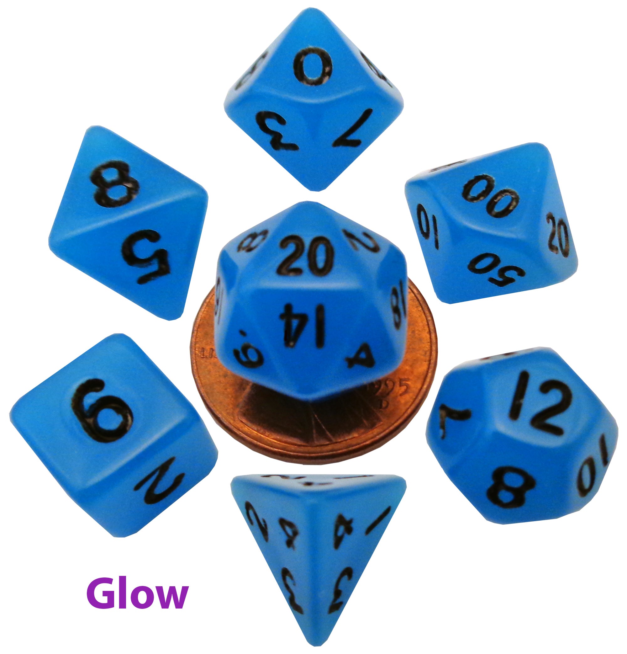 Glow in the Dark Blue 10mm Mini Polyhedral Dice Set