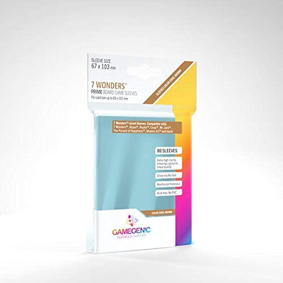 Gamegenic Prime Board Game Sleeves Pack of 80 Extra-Clear Sleeves 67 by 103 mm Card Sleeves Optimized for Use with 7 Wonders