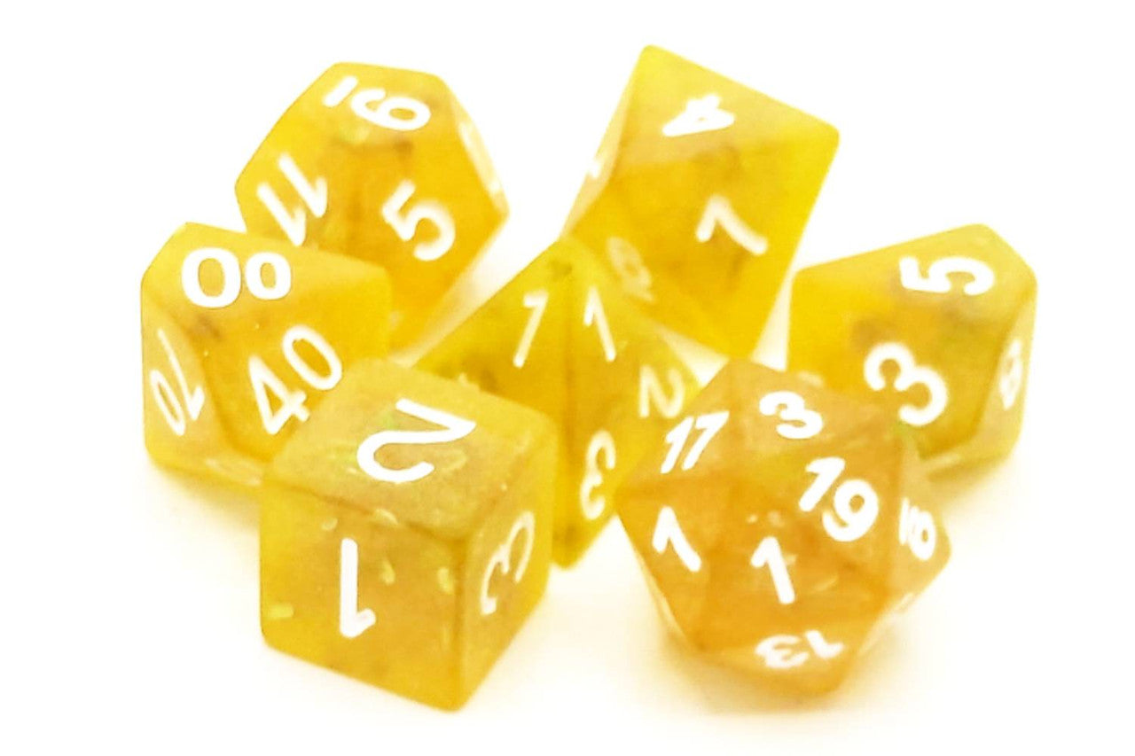 Old School 7 Piece DnD RPG Dice Set: Infused - Frosted Firefly - Yellow w/ White
