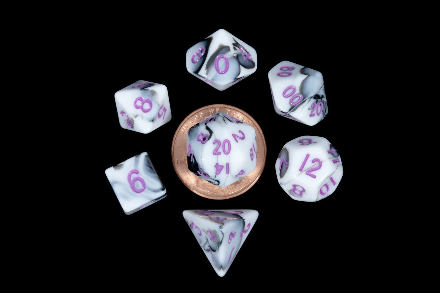 Marble with Purple Numbers 10mm Mini Poly Dice Set