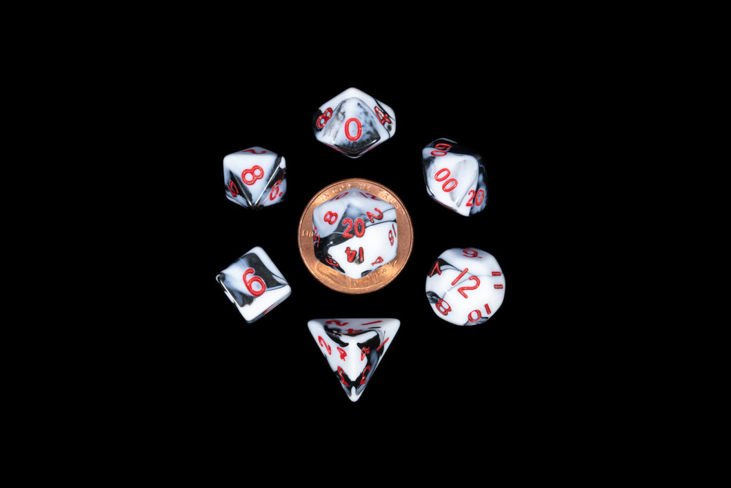 Marble with Red Numbers 10mm Mini Poly Dice Set