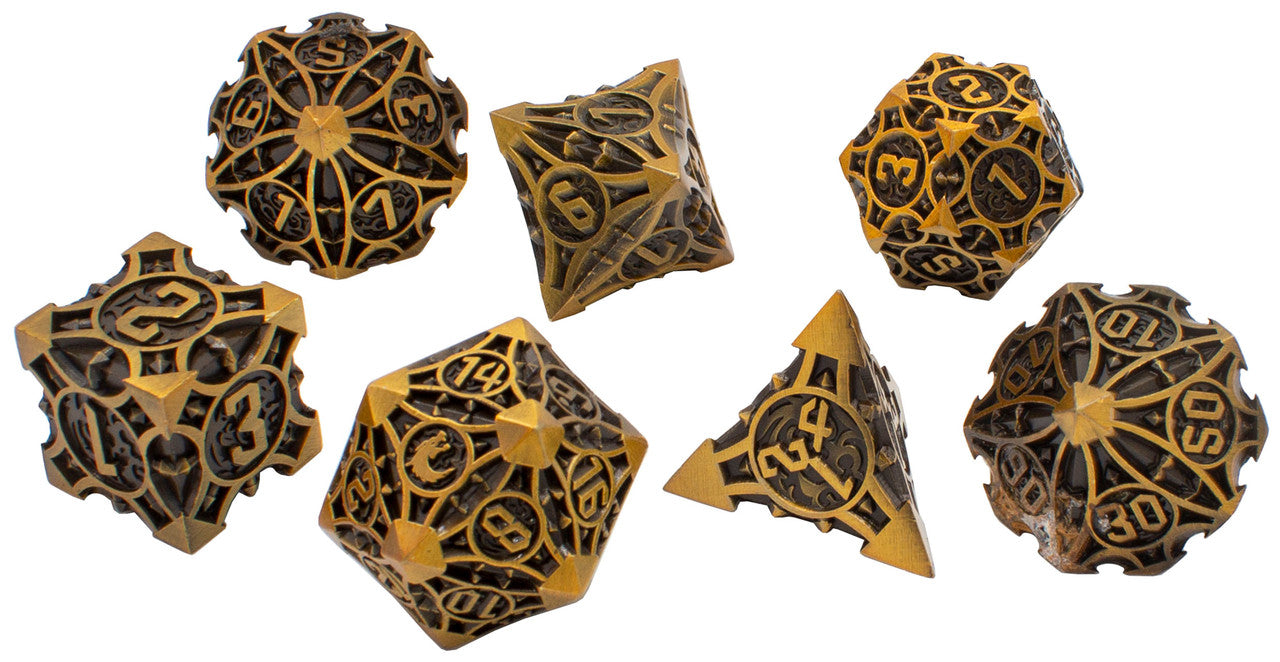 Old School 7 Piece DnD RPG Metal Dice Set: Gnome Forged - Ancient Gold