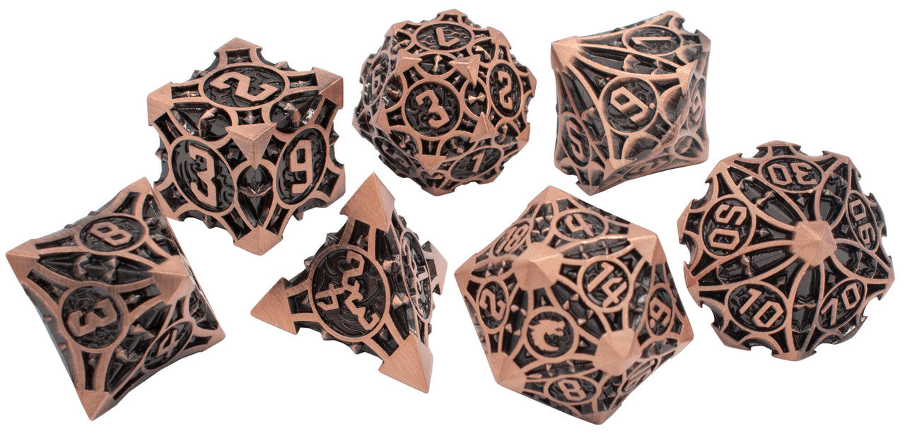 Old School 7 Piece DnD RPG Metal Dice Set: Gnome Forged - Ancient Bronze