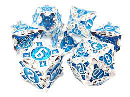 Old School 7 Piece DnD Metal Dice Gnome Forged - Silver w/Blue