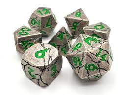 Old School 7 Piece DnD RPG Metal Dice Set: Orc Forged - Ancient Silver w/ Green