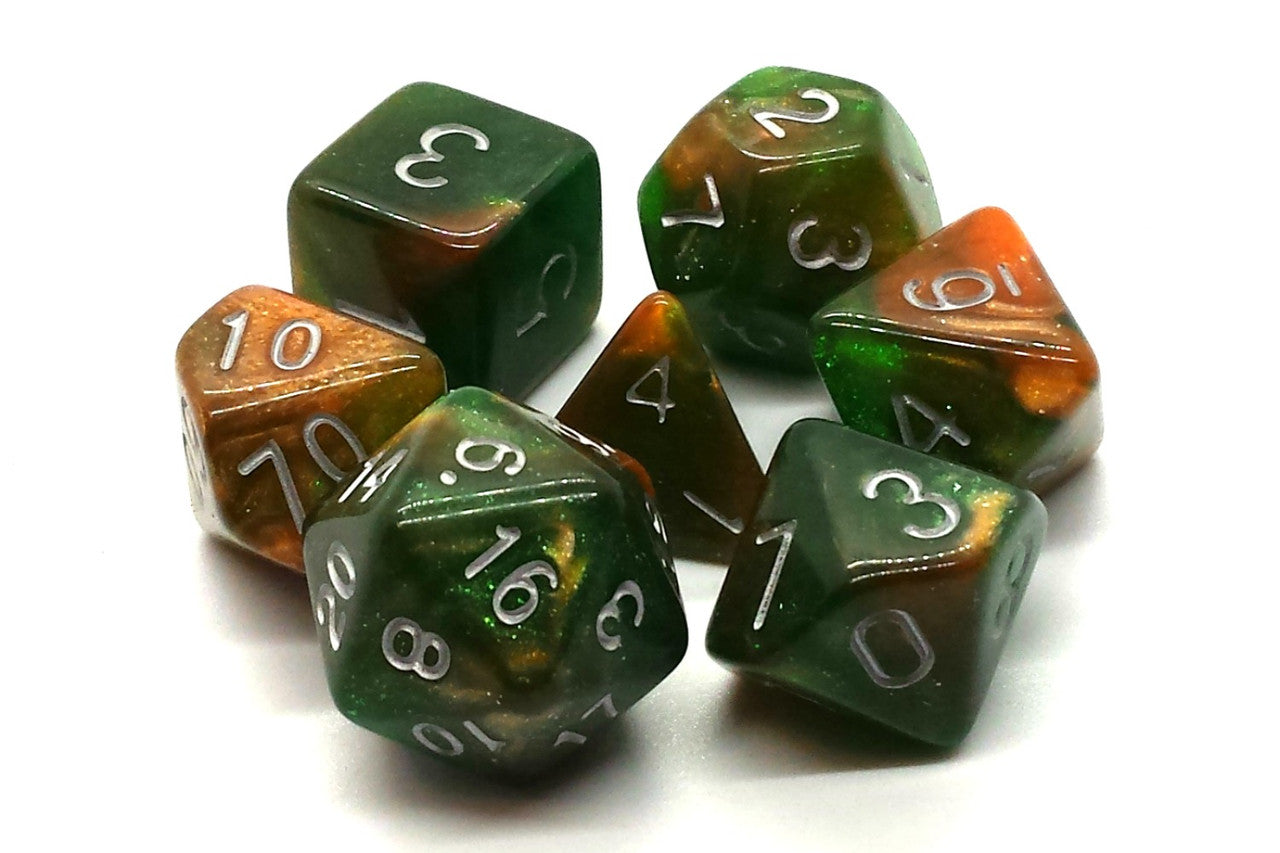 Old School 7 Piece DnD RPG Dice Set: Galaxy - Emerald & Orange