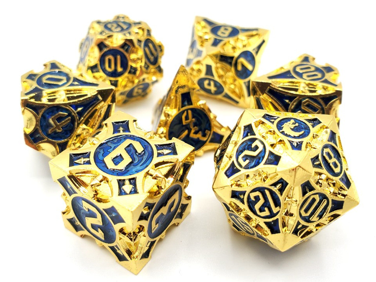 Old School 7 Piece DnD RPG Metal Dice Set: Gnome Forged - Gold w/ Blue