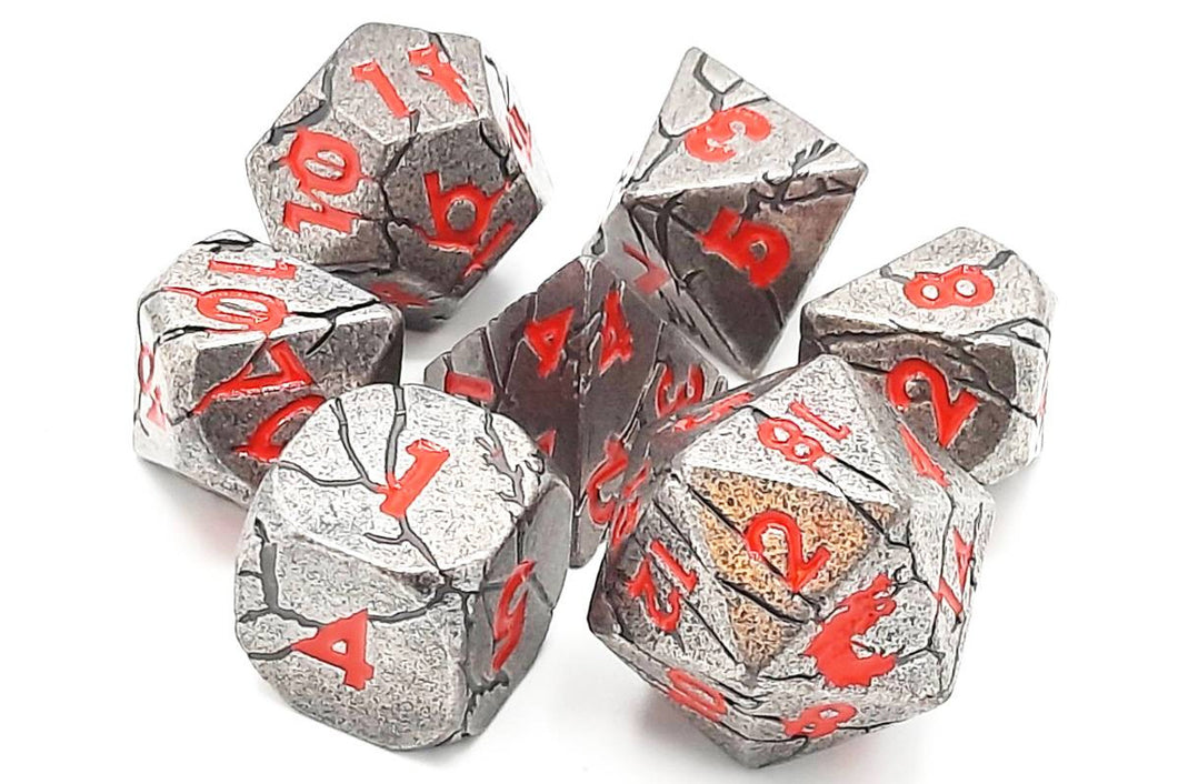 Old School 7 Piece DnD RPG Metal Dice Set: Orc Forged - Ancient Silver w/ Red