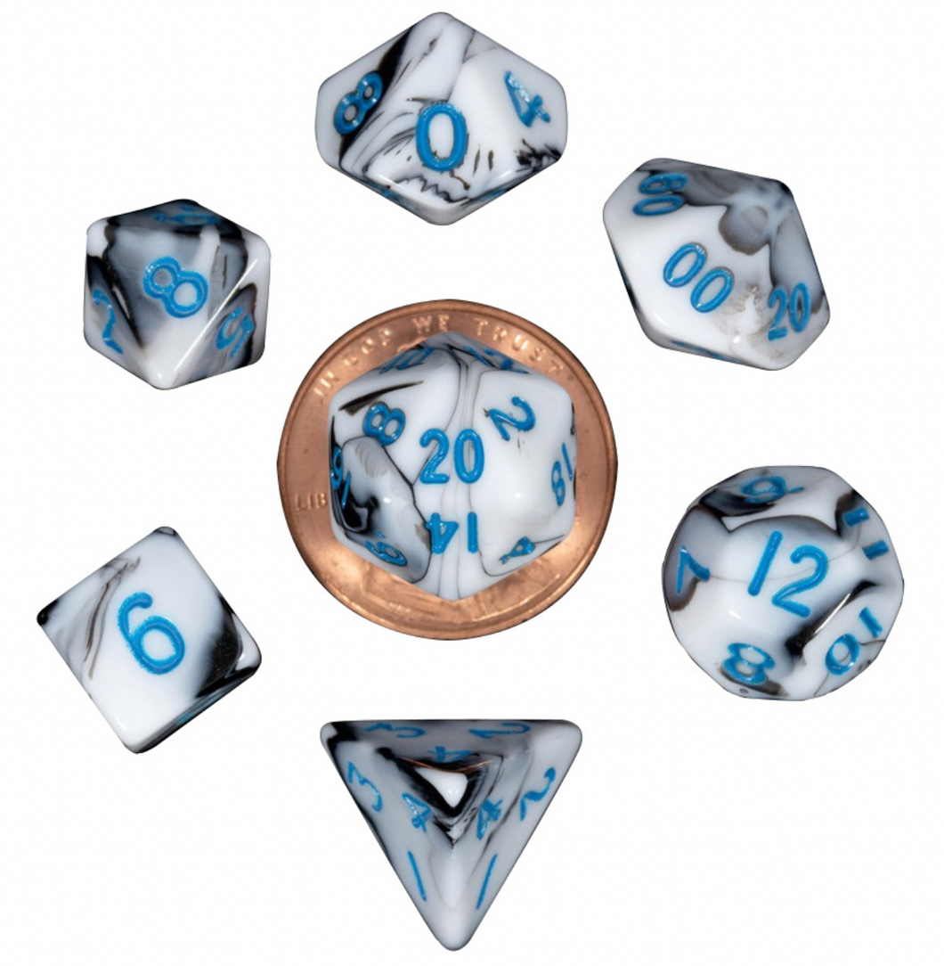 Marble w/Blue Numbers 10mm Mini Poly Dice Set
